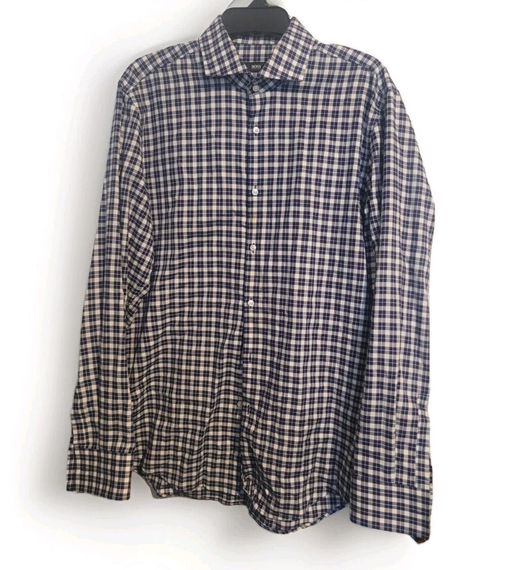 HUGO BOSS Mens Sz 42 16 1/2 Gingham Button Up Dress Shirt|Preppy Academia Office